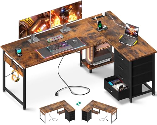 AODK L Shaped Gaming Desk with 4 Drawers, Power Outlets, Black P81263