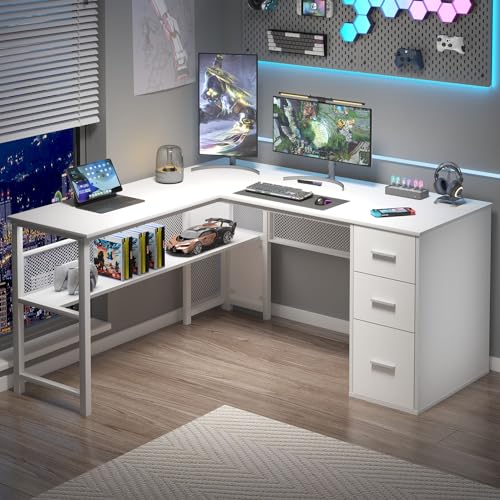 LVB Reversible Gray L Shaped Corner Desk with File Drawers, Light Grey Oak, 59 Inch L226