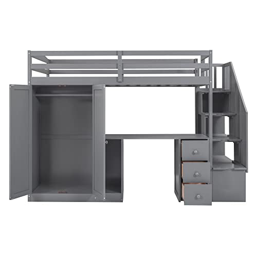 Harper & Bright Designs Twin Size Loft Bed with Desk and Stairs, Solid Wood, Espresso G152541