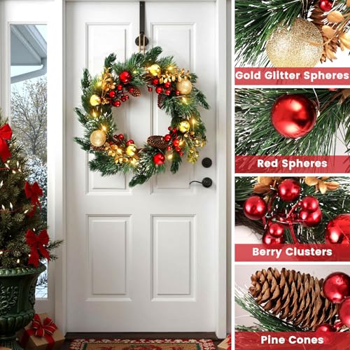 DomeStar 24 Inch Christmas Wreath with Lights, Outdoor Waterproof with Pine Cones C51545