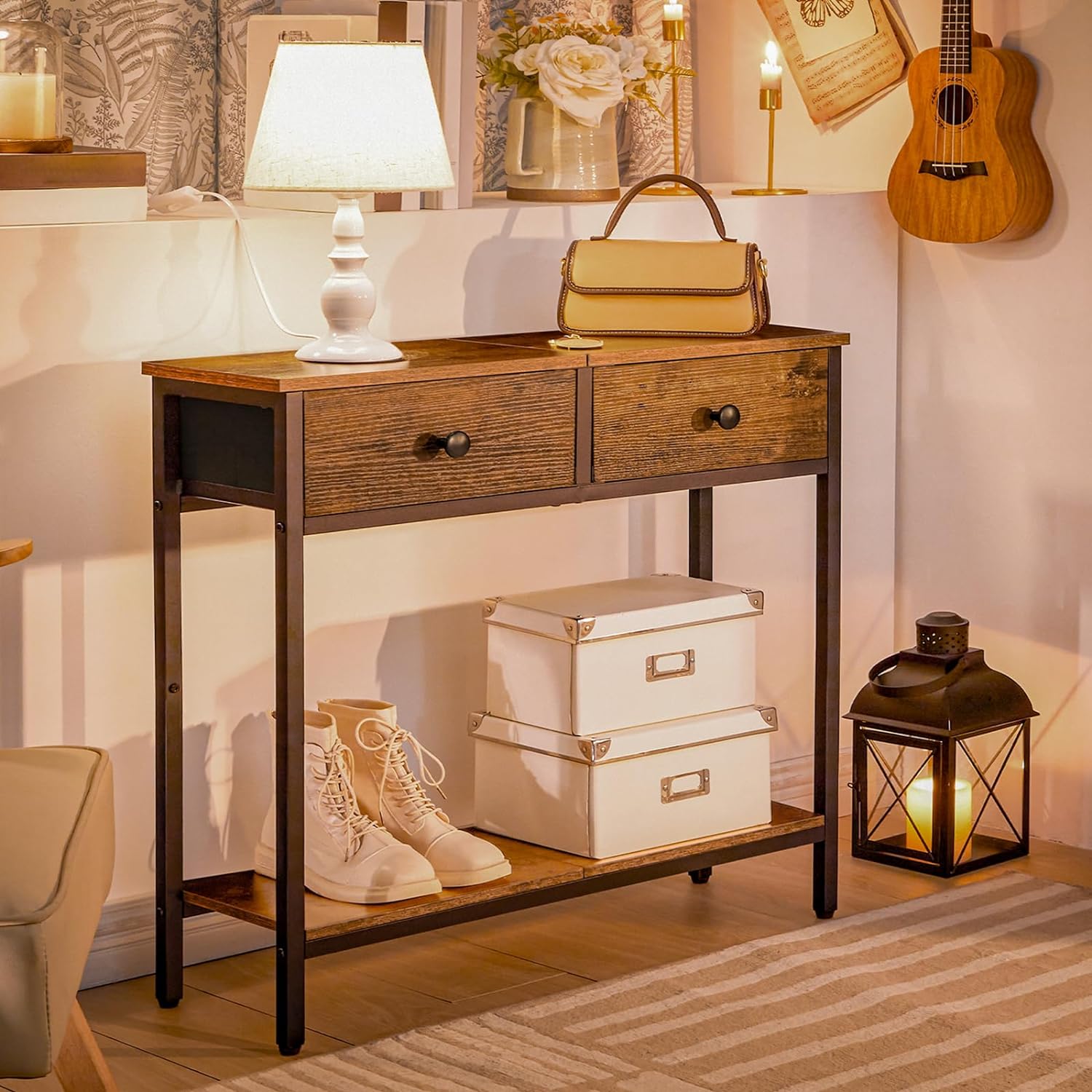 HOOBRO Narrow Console Table with 2 Fabric Drawers, Rustic Brown and Black X947644