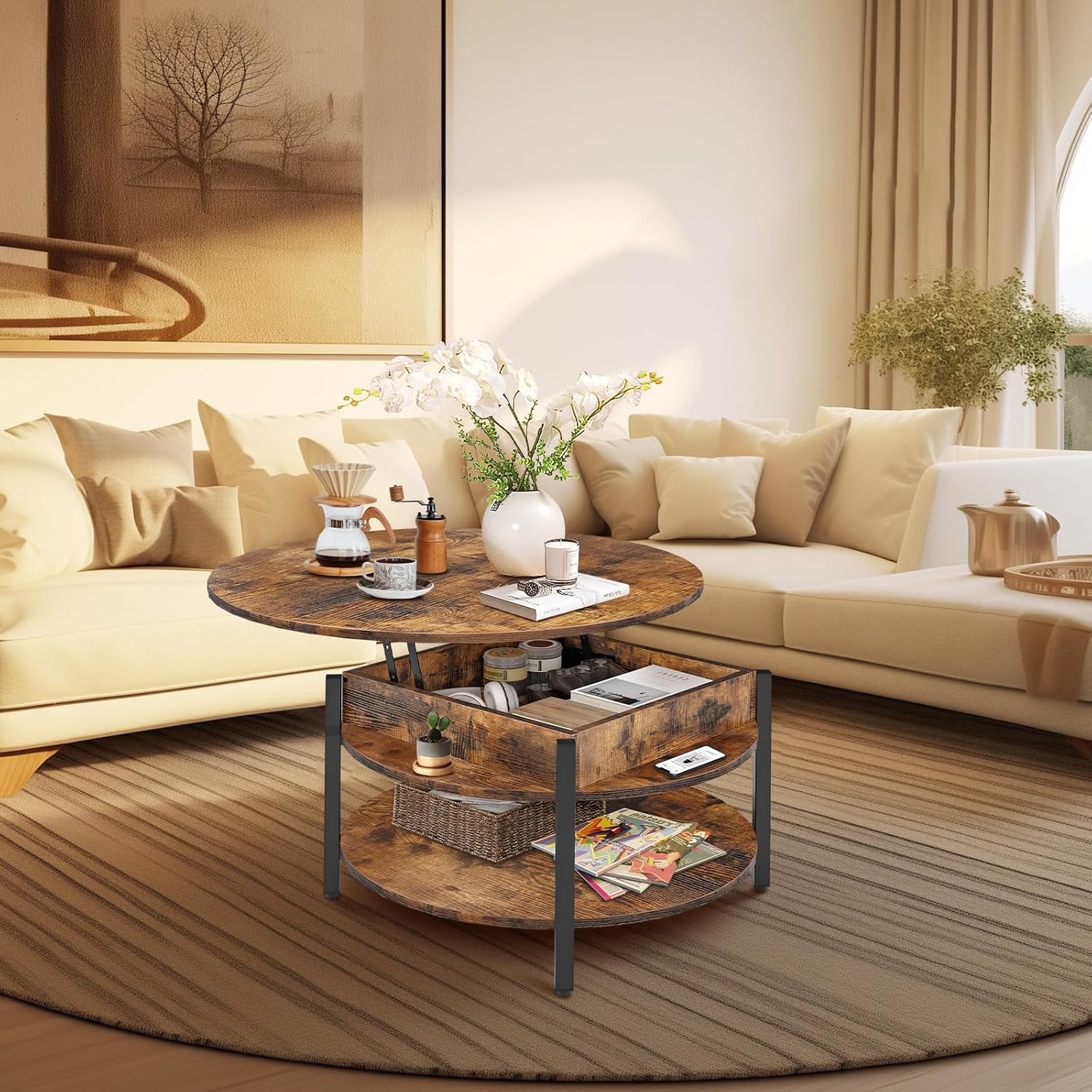 CLATINA Round Lift Top Coffee Table with Storage, Rustic Brown S101951