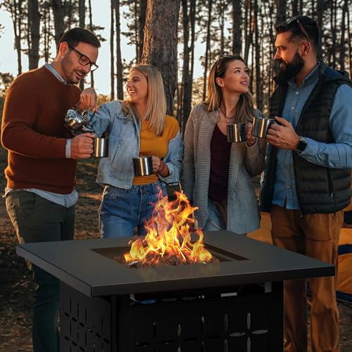 Shintenchi 28 Inch Propane Fire Pit Table with Lid and Lava Rock, Black L633