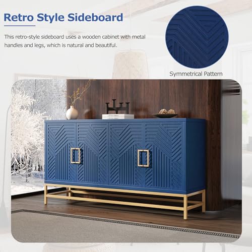 Retro Storage Cabinet with 4 Doors, Wooden Buffet Sideboard (Navy) P83037