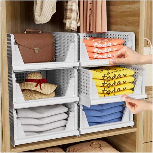 CTSNSLH 5 Pack Folding Closet Organizers Storage Box, Stackable Bins, White B5705