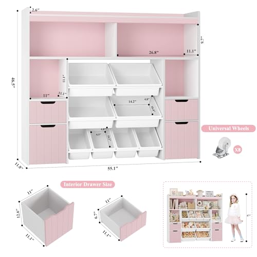 HORSTORS 55" W Toy Storage Organizer with Drawers and Removable Bins, Pink I970901