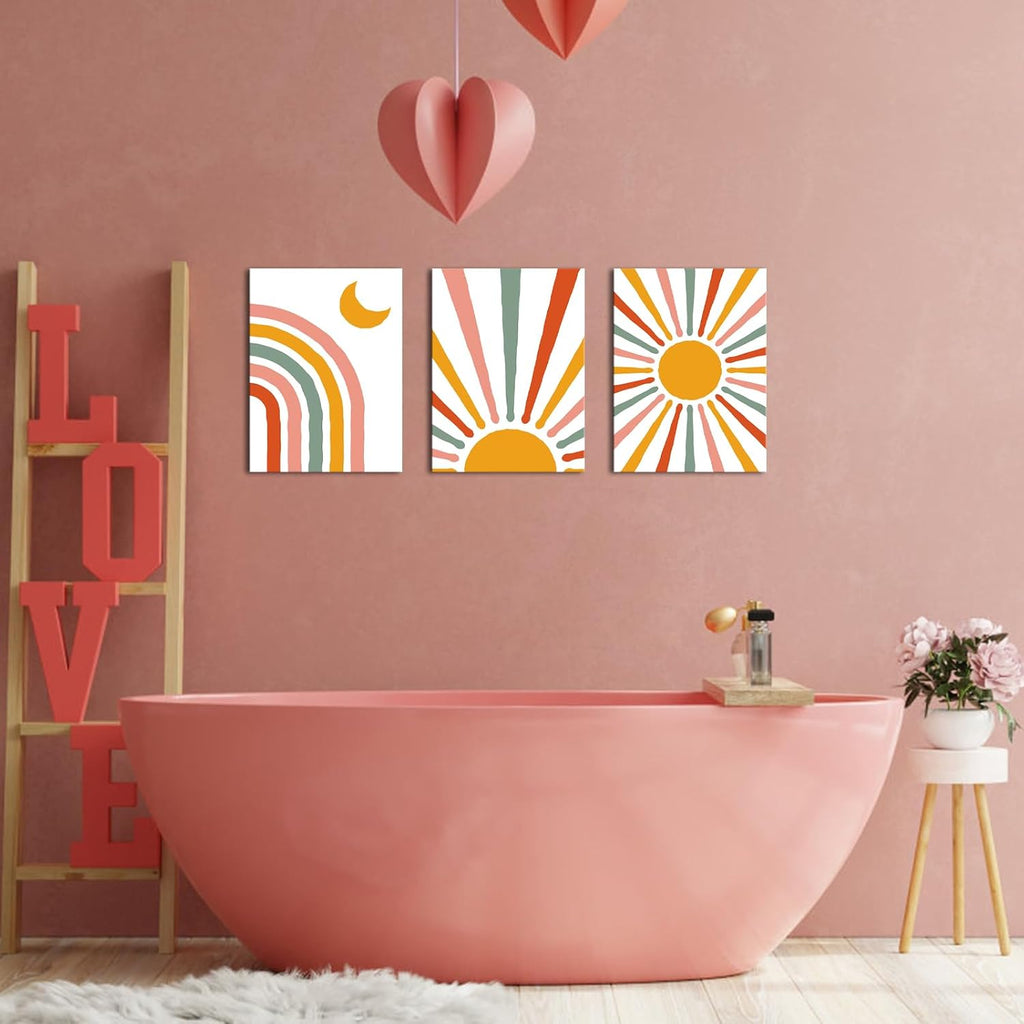 LyeArtork 3 Piece Boho Canvas Wall Art Neon Geometric Sun Moon Prints 12"x16" G140603