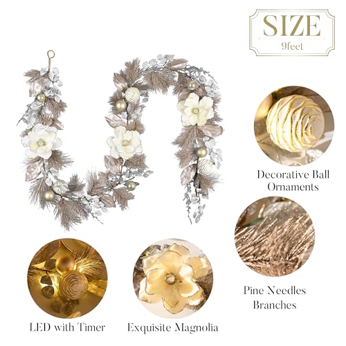 Valery Madelyn 6ft Pre-Lit Christmas Garland with White Gold Balls & Magnolia B766139