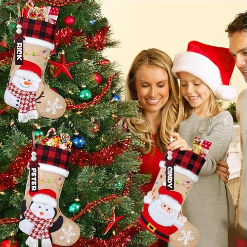DEMIUKO 3PCS Christmas Stockings with Name Tags Snowman Santa Penguin F6894