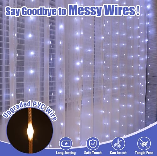 600LED Curtain Lights for Bedroom, Warm White, 8 Modes Y367582