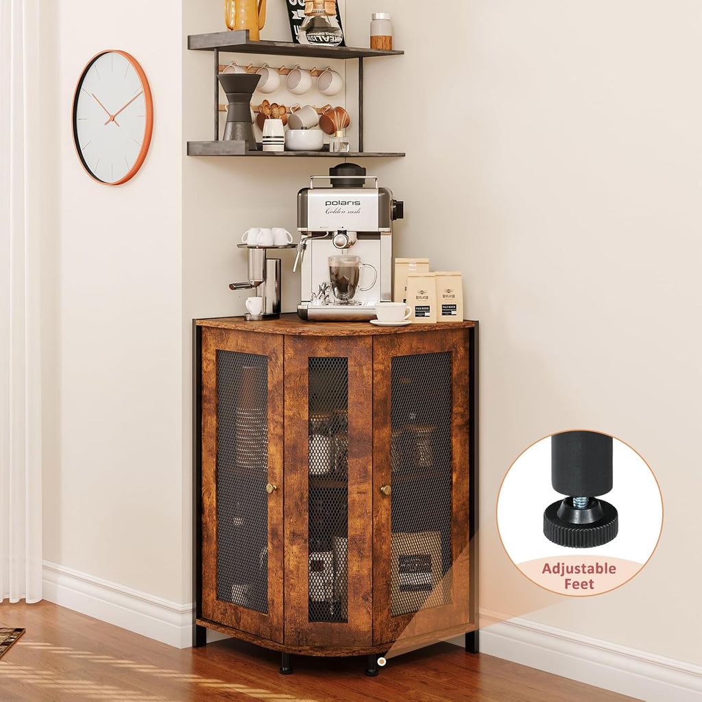 keomaisyto 3-Tier Corner Coffee Cabinet with Storage Shelf, Rustic Wood T23526