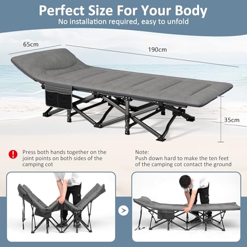 Folding Camping Cot Bed for Adults with Mattress, Pillow and Carry Bag, Grey D714