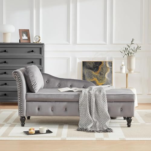 Modern Velvet Chaise Lounge with Left Armrest and Lumbar Pillow, Dark Gray T162