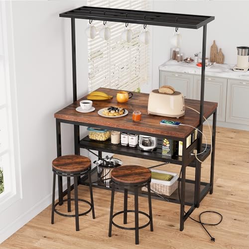 Kitchen Island with Storage, Bakers Rack with Power Outlet, 3 Tier Microwave Stand, Coffee Bar Table I24443
