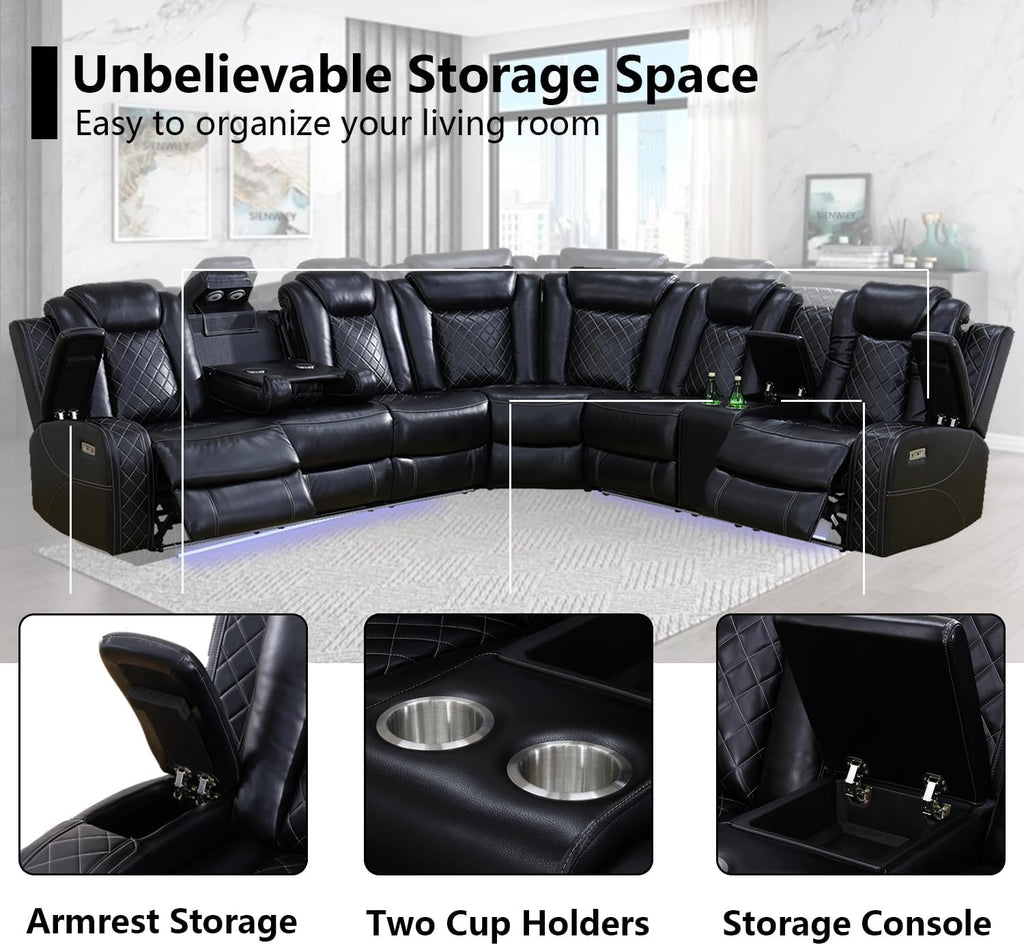 Black Leather Power Reclining Sectional Sofa with USB Port and LED Light L484