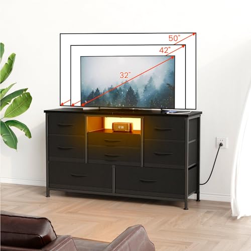 Dresser TV Stand with Power Outlet & LED for 55'' TV, 8 Drawers, Wood Top P3503