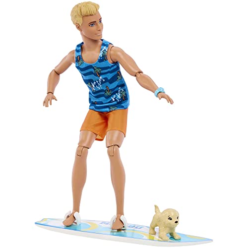 Barbie Ken Doll with Surfboard and Pet Puppy, Poseable Blonde Beach Doll C20925