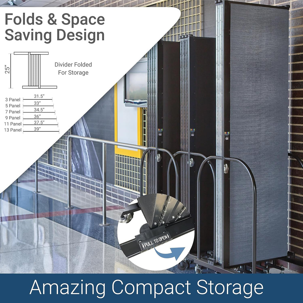 5-Panel Folding Room Divider with Metal Frame, 6'H x 9'5"W, Grey Smoke Fabric P4562