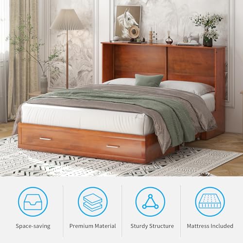 Mjkone Queen Murphy Bed with Tri-Fold Mattress, Charging Station and Storage Drawers, Cherry O58055
