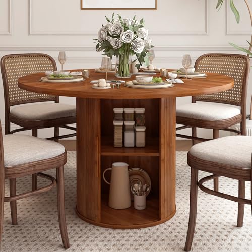 47 inch Round Dining Table for 4, Kitchen Table Dinner Table with 2-Layer Storage Shelf and Wood Slide Door for Home Dining Room Living Room (Walnut)