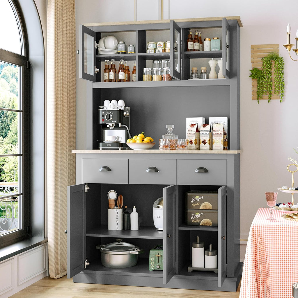 MU 71" Kitchen Hutch Storage Cabinet with Countertop, Grey P72649