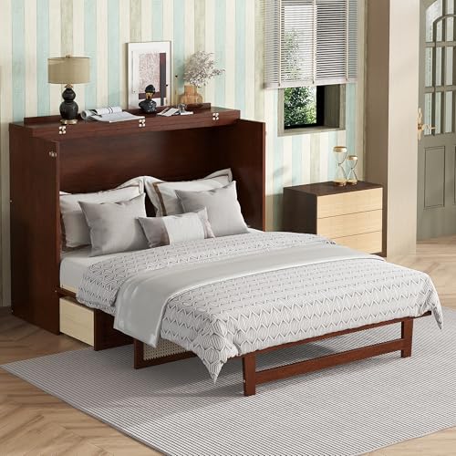 KEIKI Queen Size Murphy Bed with Charging Station and Drawer, Walnut B45816