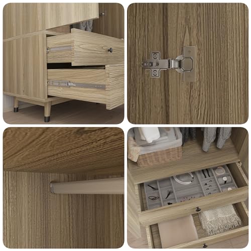 4 Door Armoire Wardrobe with 2 Drawers, Adjustable Shelves and Hanging Rod, Oak U53261