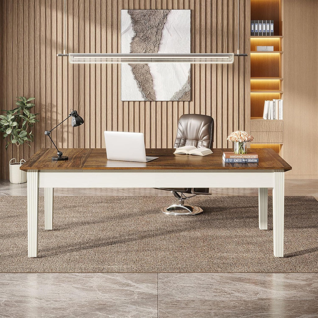 Tribesigns 62-Inch Computer Desk with Solid Wood Legs, Rustic Brown & White B24585
