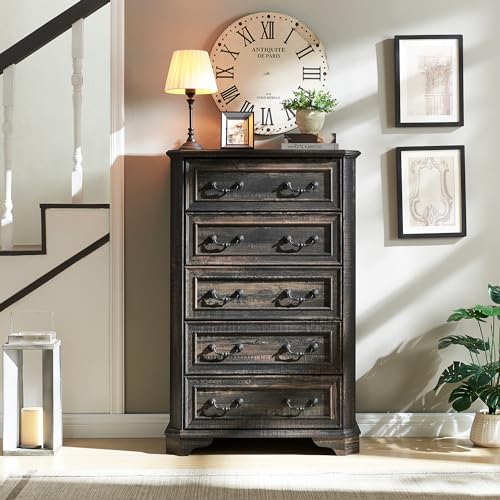 T4TREAM Farmhouse 5 Drawers Dresser, 48" Tall Wood Rustic Chest, Antique White A34054