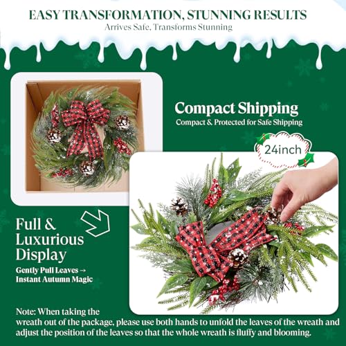 24 Inch Christmas Wreath with Red Bow for Front Door C225