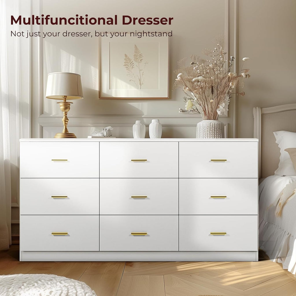 White Dresser for Bedroom with 9 Drawers, Modern TV Stand, Wooden Top, 63" M5379