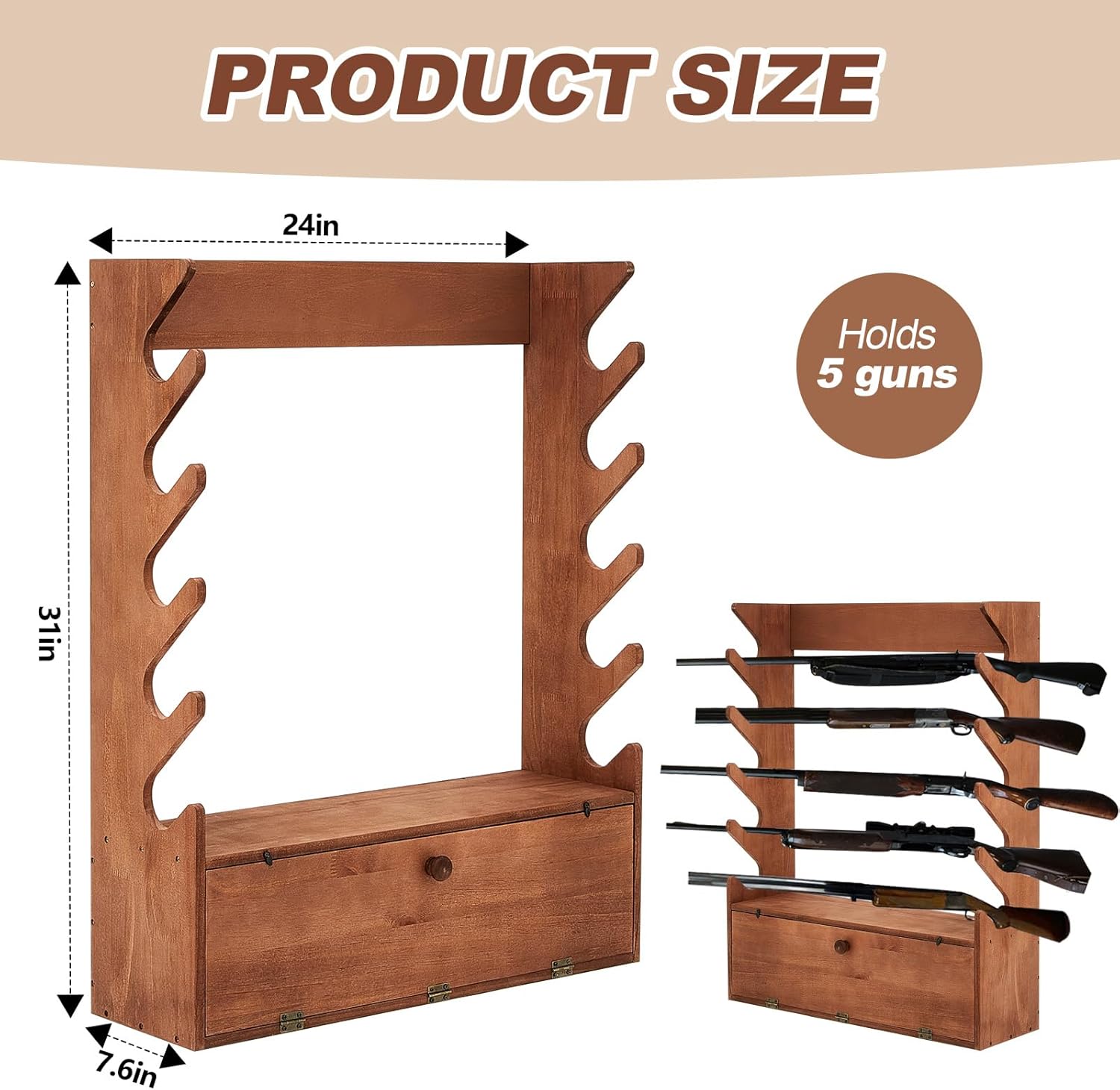 Walnut Gun Display Rack Pine Wood Rifle Cabinet with Storage H830