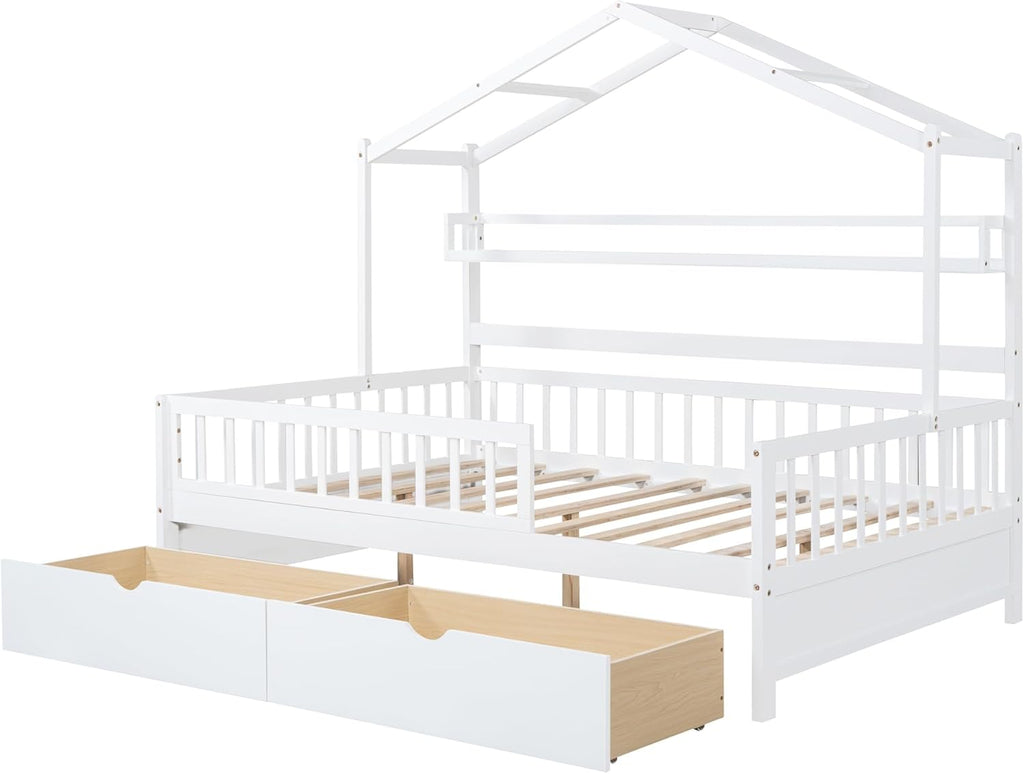 Wooden Full Size House Bed Frame with 2 Drawers and Storage Shelf T40310
