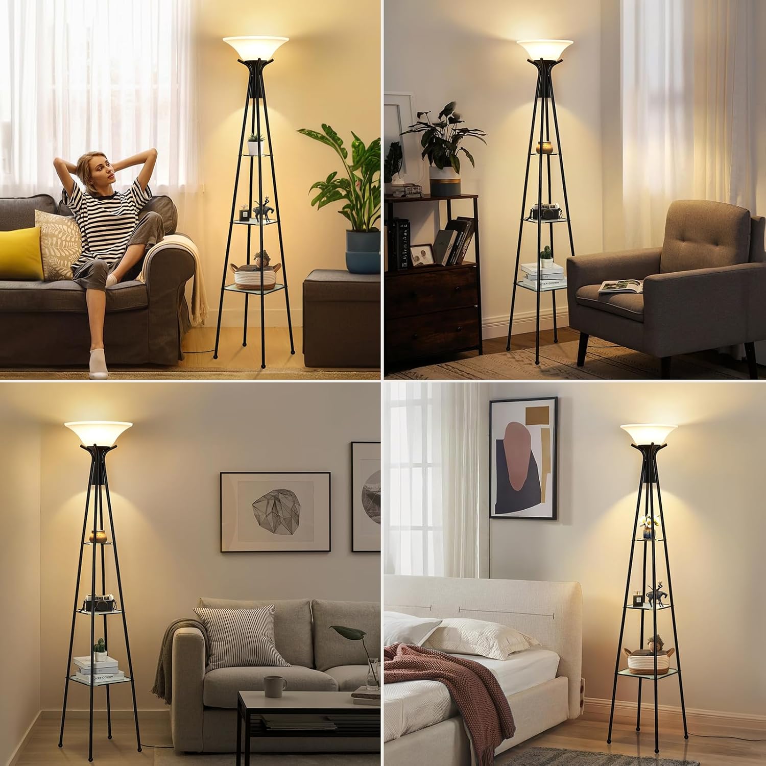 Luvkczc Floor Lamp with Shelves, 69" Tall, 3-Tier Glass Shelves, Black Y511