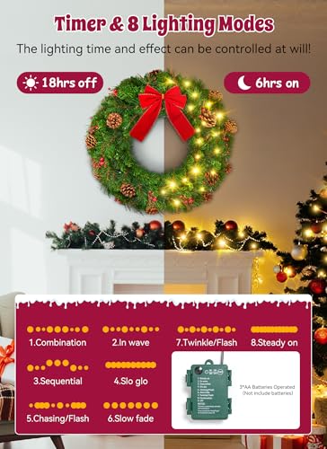 24 Inch Prelit Christmas Wreath with LED Lights for Front Door B9710