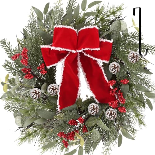 24 Inch Christmas Wreath with Red Ribbon and Pine Cones for Front Door D30392