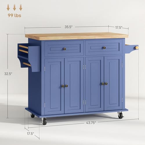 HOMCOM Kitchen Island on Wheels with Rubberwood Top, Navy Blue X7812