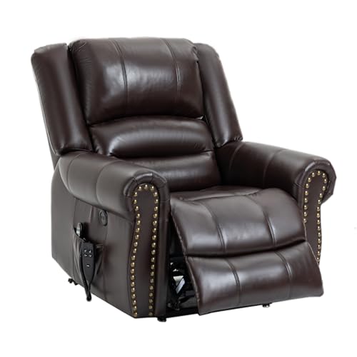 Dual Motor Power Lift Recliner Chair with Massage and Heat, Faux Leather, Brown V8458