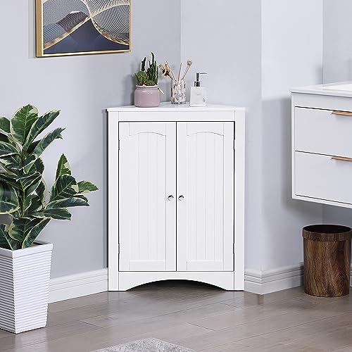 Corner Bathroom Cabinet with Doors, Triangular Storage Cabinet White B76566