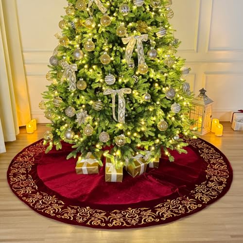 Burgundy Victorian Velvet Christmas Tree Skirt with Gold Damask Embroidery Q6345