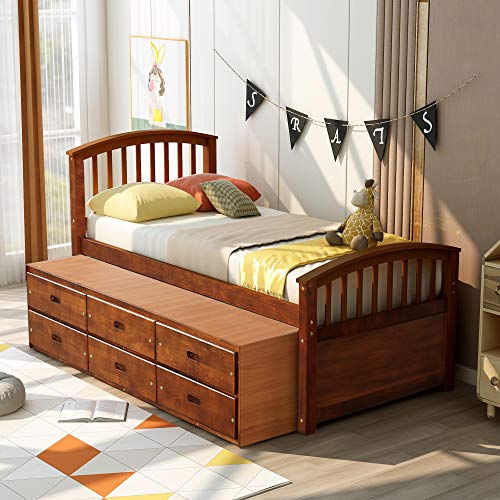 SOFTSEA Twin Platform Bed with Storage Drawers, Solid Wood Frame, White A447