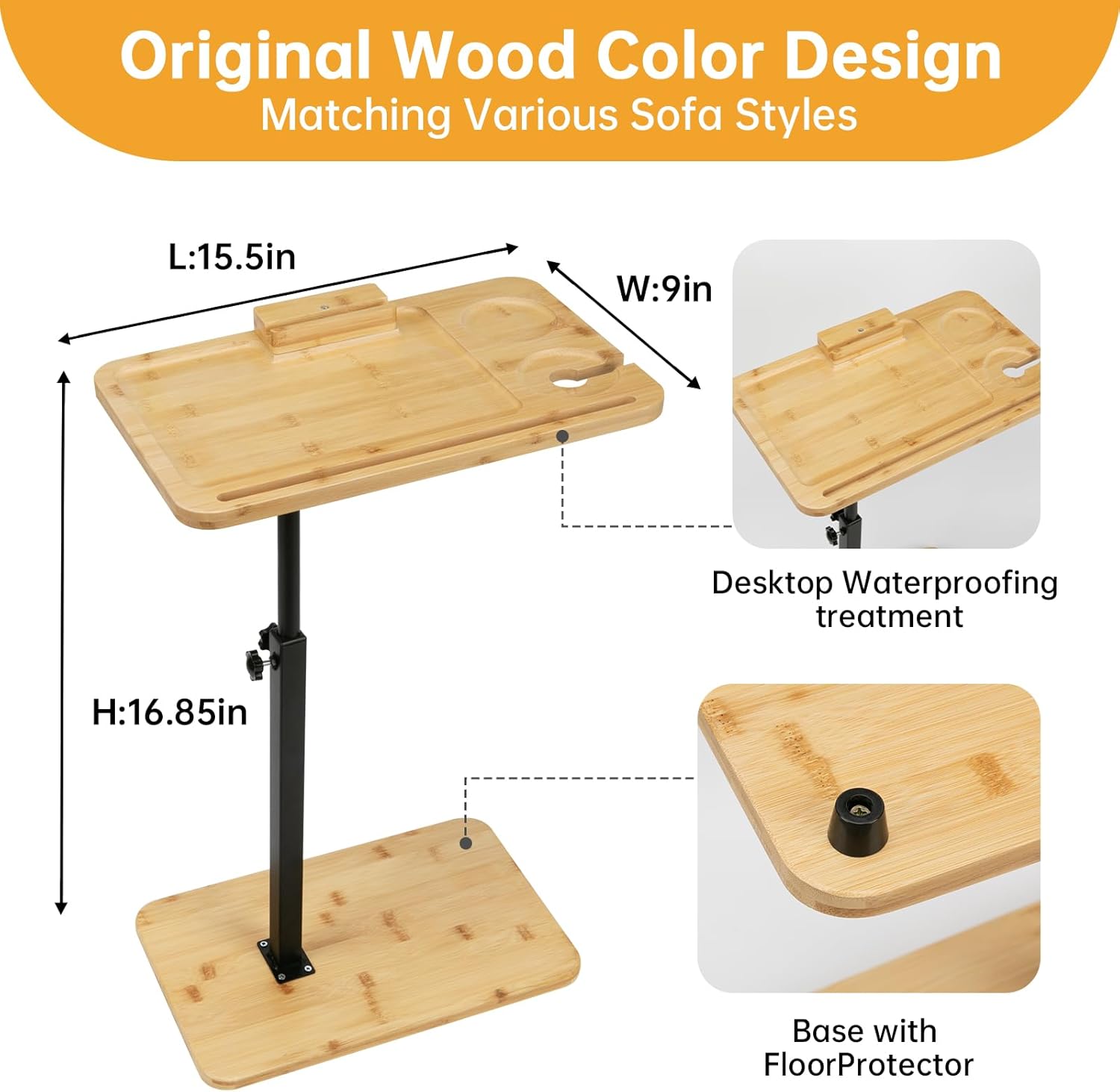 Bamboo Couch Tray Table with 360° Swivel and Height Adjustment K617