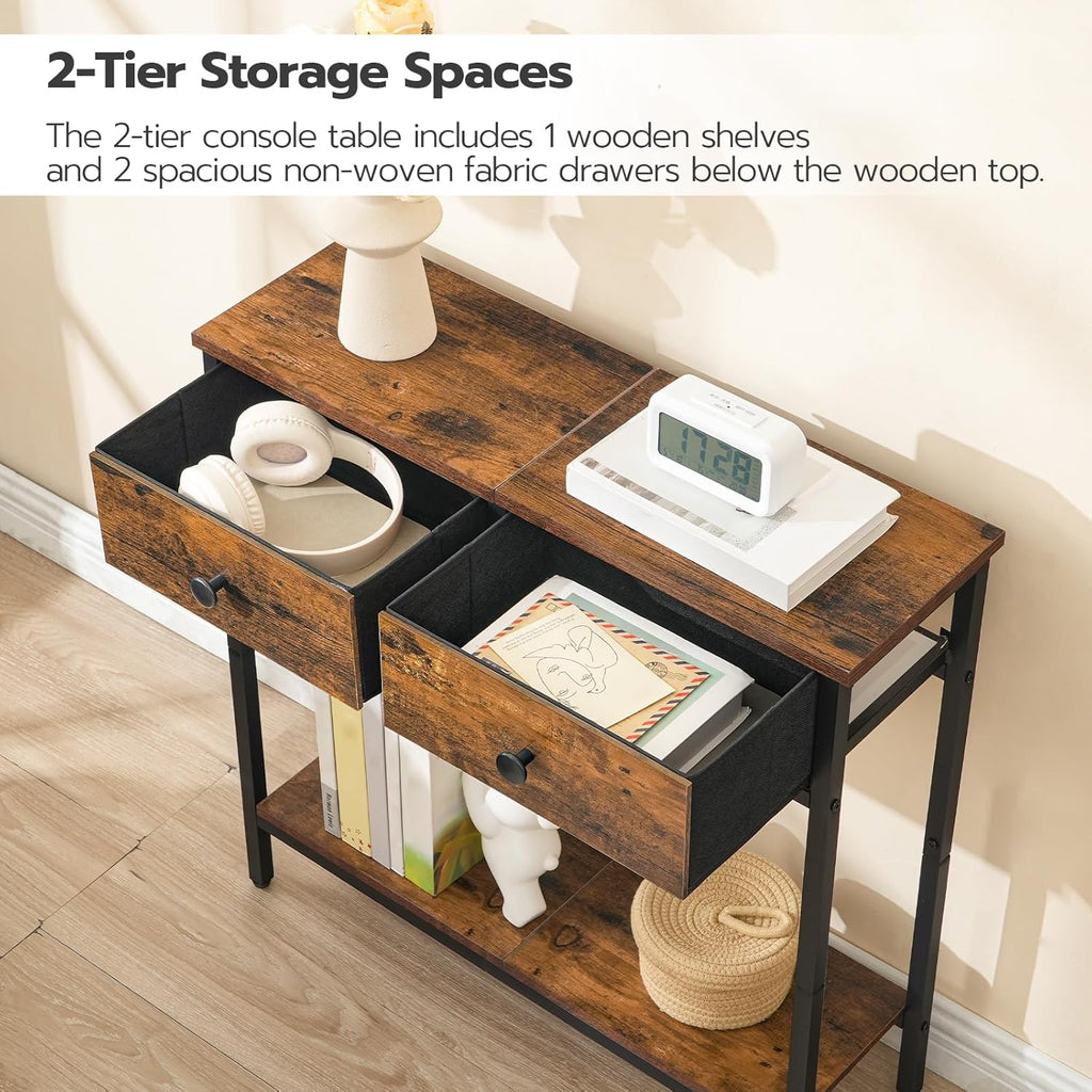 HOOBRO Narrow Console Table with 2 Fabric Drawers, Rustic Brown and Black X947644