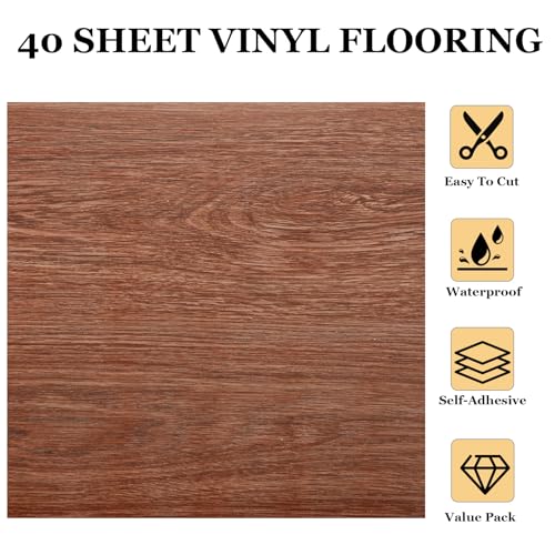 Peel and Stick Vinyl Floor Tiles 12x12 Waterproof Wood Look, 40 Sheets V905
