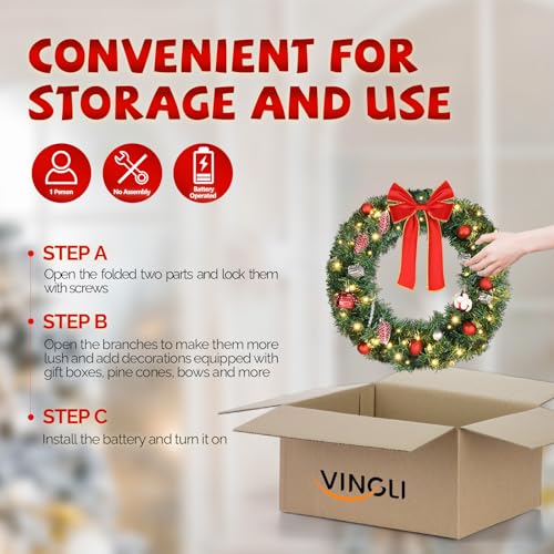 VINGLI 48 Inch Pre-lit Artificial Christmas Wreath with 150 LED Lights T885