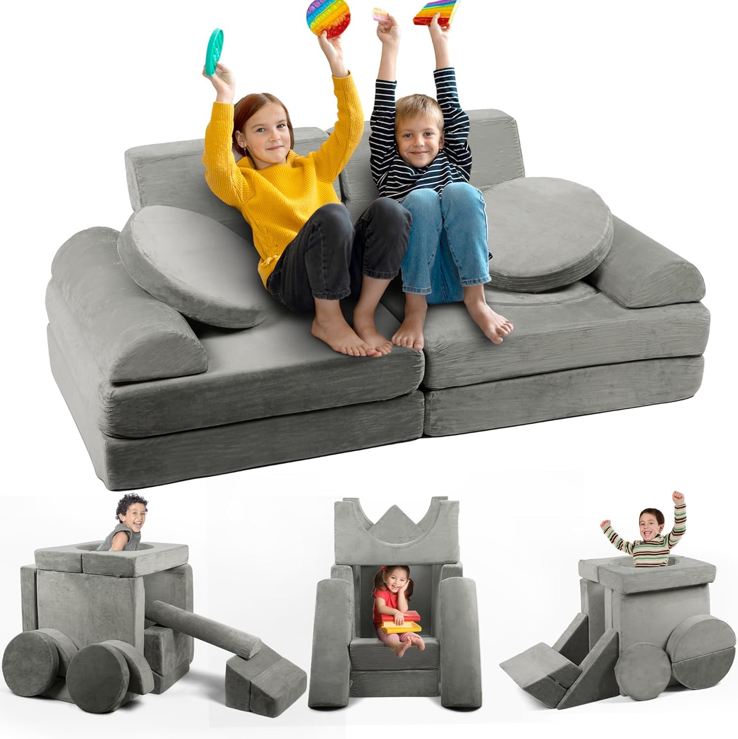Modular Kids Play Couch 15 Pieces Buildable Plush Panels with Ball Pit Square W50300