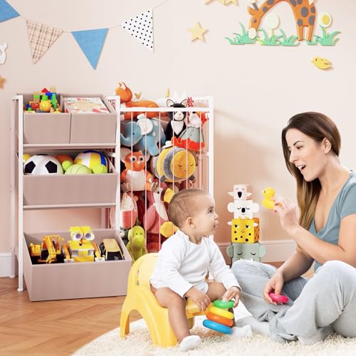 BBLIKE Stuffed Animal Storage Organizer with 4 Removable Bins, Pink D671279