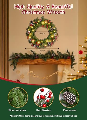 Brightown 24 Inch Pre-Lit Artificial Christmas Wreath with Pine Cones & Berries L37024