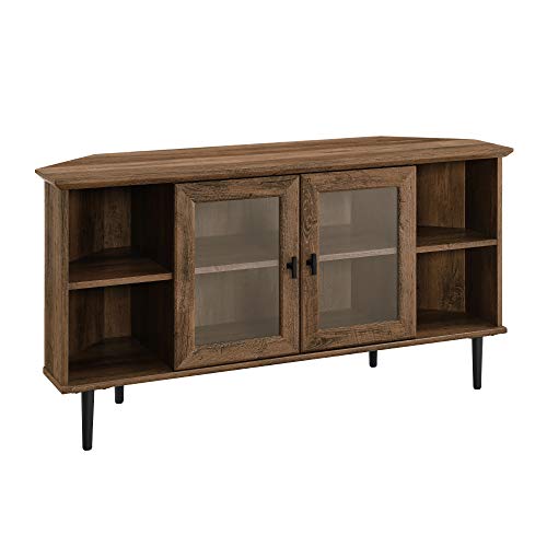 Walker Edison Modern Wood Corner Universal TV Stand with Open Shelves Glass Cabinet Doors Storage for TV's up to 55" Flat Screen Living Room Storage Entertainment Center, 48 Inch, Rustic Oak
