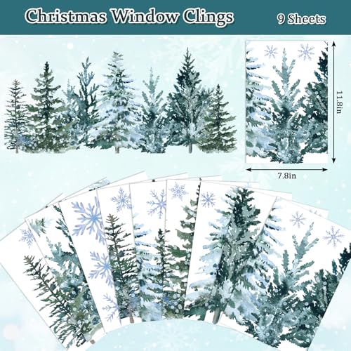 Whaline 9 Sheet Christmas Window Clings Snowy Forest Trees Reusable Window Decals H27510